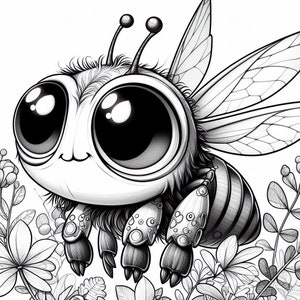 May include: A black and white illustration of a cartoon bee with large eyes and fuzzy body. The bee is drawn in a cute style and has a friendly expression.