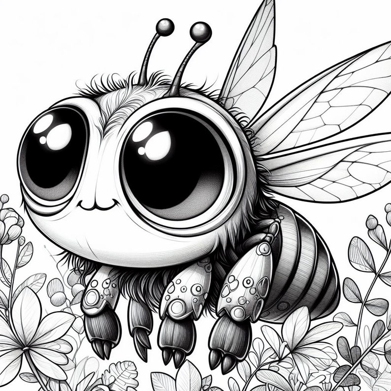 May include: A black and white illustration of a cartoon bee with large eyes and fuzzy body. The bee is drawn in a cute style and has a friendly expression.