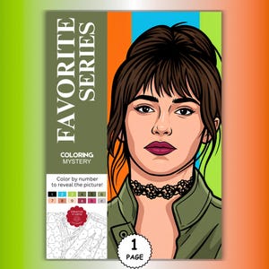 Może przedstawiać: Strona z kolorowanki zatytułowana FAVORITE SERIES COLORING MYSTERY z ilustracją postaci o ciemnobrązowych włosach z grzywką, noszącej czarny naszyjnik typu choker i oliwkowozieloną kurtkę, zawierająca instrukcję kolorowania według liczb.