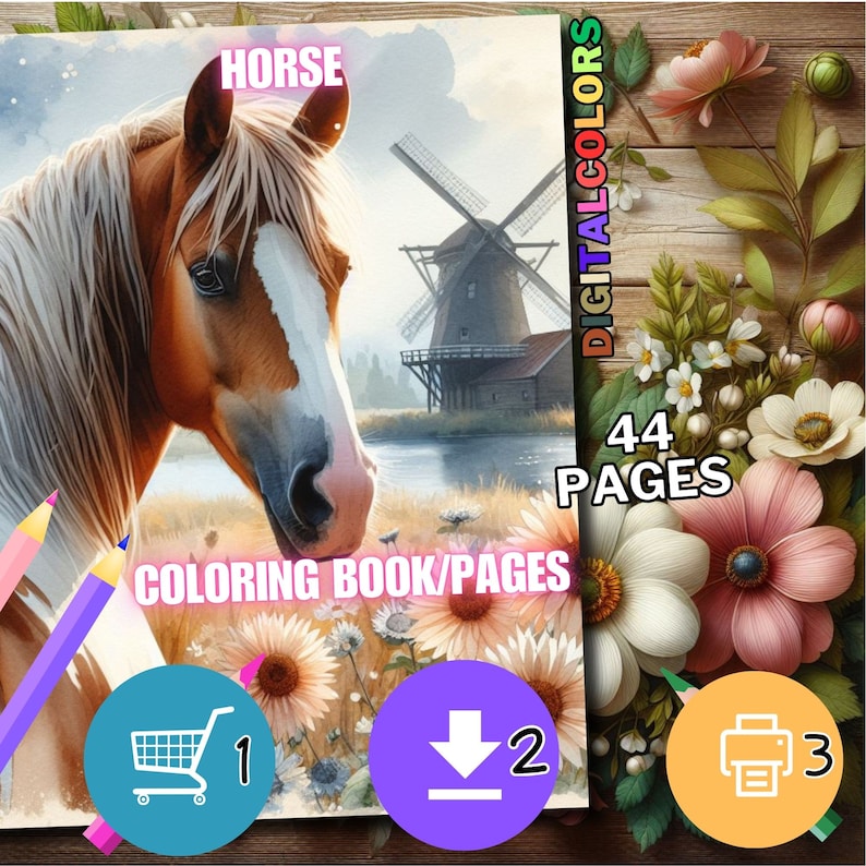 May include: A coloring book featuring a horse with a windmill in the background. The cover has a watercolor style and the title "HORSE" is written in bold letters. The book has 44 pages and is available for purchase or download.