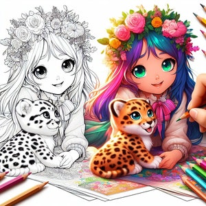 May include: A coloring book page featuring a young girl with long, colorful hair wearing a flower crown and a white dress. She is holding a small, spotted leopard cub. The girl is smiling and looking at the viewer. The page is surrounded by colorful pencils.
