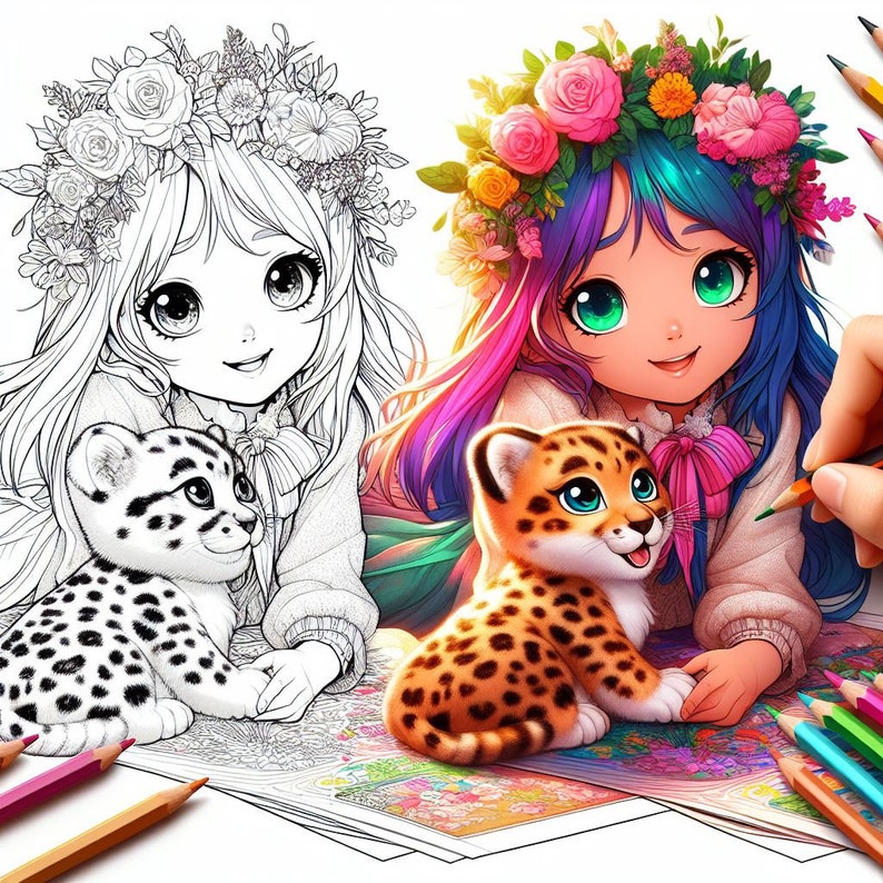 May include: A coloring book page featuring a young girl with long, colorful hair wearing a flower crown and a white dress. She is holding a small, spotted leopard cub. The girl is smiling and looking at the viewer. The page is surrounded by colorful pencils.