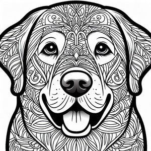 May include: Black and white line art illustration of a Labrador Retriever dog's head with intricate patterns and details.