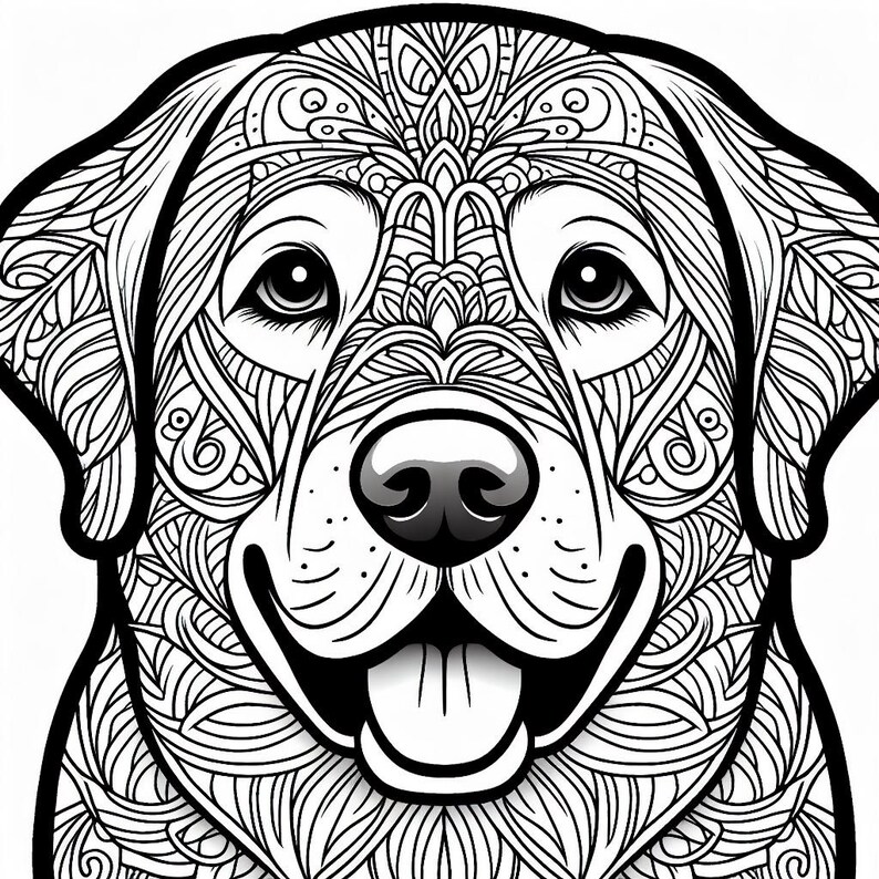 May include: Black and white line art illustration of a Labrador Retriever dog's head with intricate patterns and details.