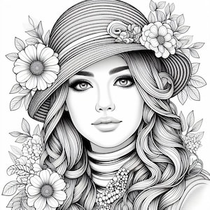 May include: Black and white illustration of a woman wearing a wide-brimmed hat adorned with flowers and leaves. Her long, wavy hair cascades around her shoulders. The artwork is detailed, with emphasis on the facial features and floral elements.