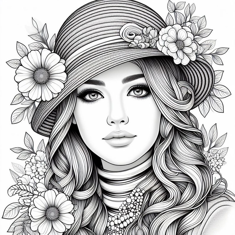 May include: Black and white illustration of a woman wearing a wide-brimmed hat adorned with flowers and leaves. Her long, wavy hair cascades around her shoulders. The artwork is detailed, with emphasis on the facial features and floral elements.