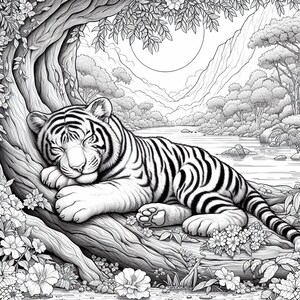 Puede incluir: Un dibujo en blanco y negro de un tigre durmiendo debajo de un &aacute;rbol en un entorno de bosque. El tigre est&aacute; enroscado con la cabeza apoyada en sus patas. El &aacute;rbol tiene hojas y ramas. Hay flores y plantas en primer plano.