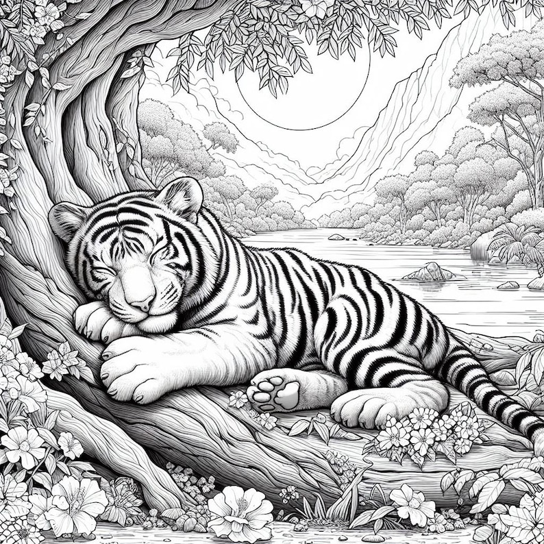 Puede incluir: Un dibujo en blanco y negro de un tigre durmiendo debajo de un &aacute;rbol en un entorno de bosque. El tigre est&aacute; enroscado con la cabeza apoyada en sus patas. El &aacute;rbol tiene hojas y ramas. Hay flores y plantas en primer plano.