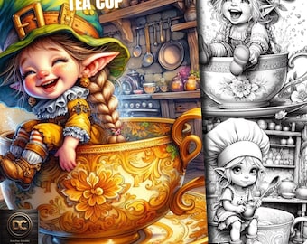 75 Gnome coloring book, Gnome Coloring Pages, Gnome in Tea Cup, Elves, Fairy Troll, Elf, Fantasy Grayscale Adults & Kids Enchanted Print