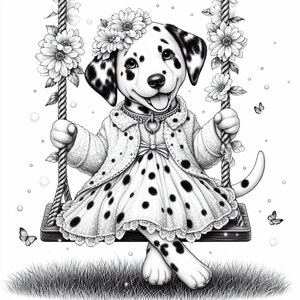 May include: A black and white Dalmatian puppy wearing a white dress with black polka dots and a white jacket. The puppy is sitting on a swing with flowers and butterflies around it.