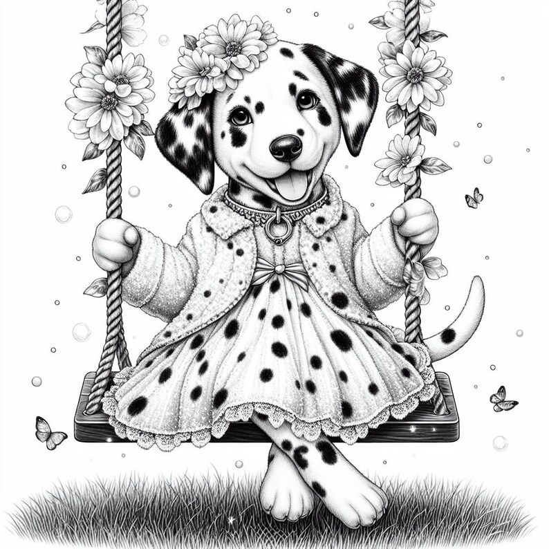 May include: A black and white Dalmatian puppy wearing a white dress with black polka dots and a white jacket. The puppy is sitting on a swing with flowers and butterflies around it.