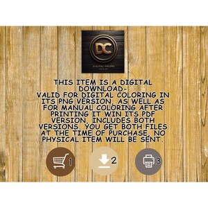 May include: Digital download graphic from Digital Colors. The image features a logo with "DC" in a gold circle, and icons for a shopping cart, download, and printer. Text describes the item as a digital download for colouring.