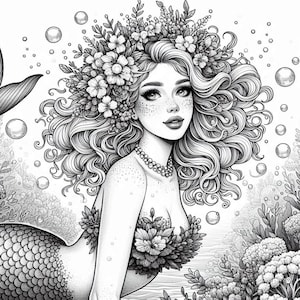 K&ouml;nnte beinhalten: Eine Schwarzwei&szlig;illustration einer Meerjungfrau mit langen, flie&szlig;enden Haaren, die mit Blumen geschm&uuml;ckt sind. Sie tr&auml;gt eine Perlenkette und eine Blumenkrone auf dem Kopf. Die Meerjungfrau ist von Blasen und Algen umgeben.