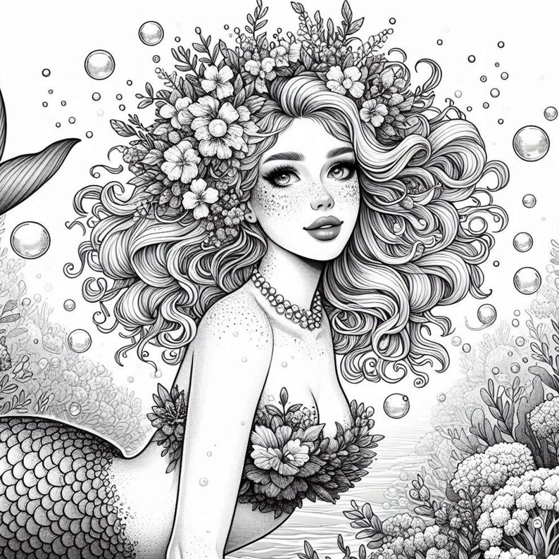 K&ouml;nnte beinhalten: Eine Schwarzwei&szlig;illustration einer Meerjungfrau mit langen, flie&szlig;enden Haaren, die mit Blumen geschm&uuml;ckt sind. Sie tr&auml;gt eine Perlenkette und eine Blumenkrone auf dem Kopf. Die Meerjungfrau ist von Blasen und Algen umgeben.
