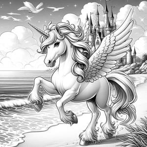 40 Summer Unicorn Coloring Pages, Unicorn Coloring Book, Enchanted & Magical Unicorns Fantasy Grayscale Coloring Adult Kids Printable Pdf image 4