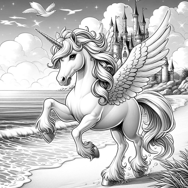 40 Summer Unicorn Coloring Pages, Unicorn Coloring Book, Enchanted & Magical Unicorns Fantasy Grayscale Coloring Adult Kids Printable Pdf image 4