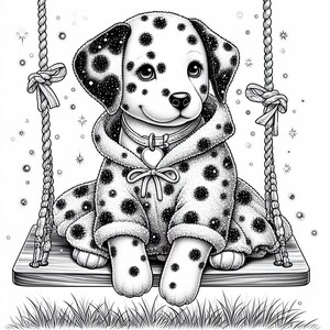 May include: A black and white Dalmatian puppy wearing a hooded robe with a heart-shaped charm on the collar, sitting on a wooden swing set against a white background with sparkling stars.