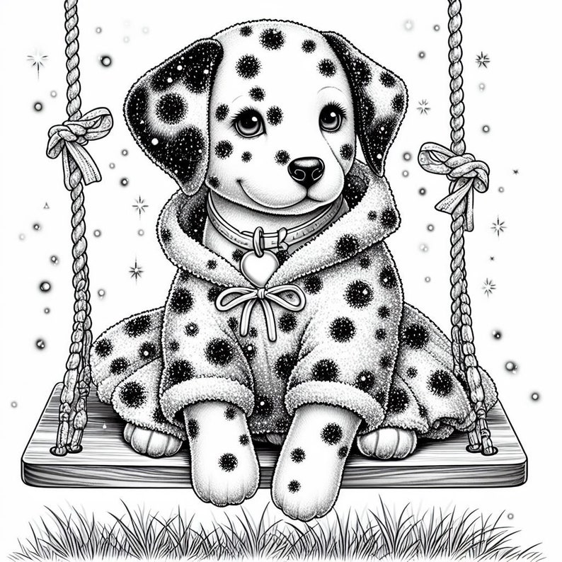 May include: A black and white Dalmatian puppy wearing a hooded robe with a heart-shaped charm on the collar, sitting on a wooden swing set against a white background with sparkling stars.