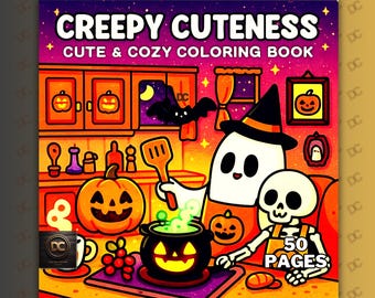 May include: A coloring book titled "Creepy Cuteness" with a Halloween theme. The cover features a cartoon kitchen scene with a ghost, skeleton, and jack-o'-lanterns. The book has 50 pages and is designed to be cute and cozy.