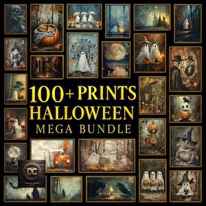 Puede incluir: Una colección de grabados artísticos con temática de Halloween. Los grabados presentan fantasmas, calabazas, lunas llenas y escenas espeluznantes. El texto "100+ PRINTS HALLOWEEN MEGA BUNDLE" se muestra en letras doradas. Las imágenes están enmarcadas en dorado.