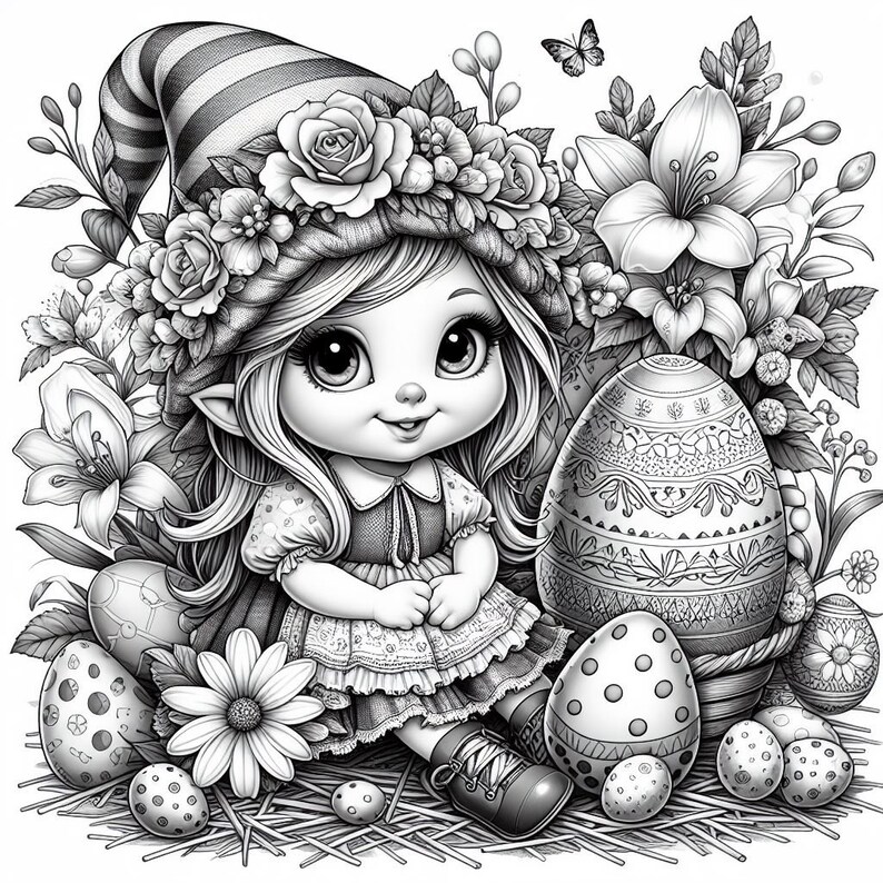43 Easter Gnome Coloring Pages, Floral Easter Gnomes Coloring Book