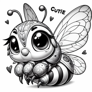 May include: A black and white illustration of a cute cartoon bee with large eyes and wings. The bee has a detailed design on its body and the text "CUTIE" is written above it.