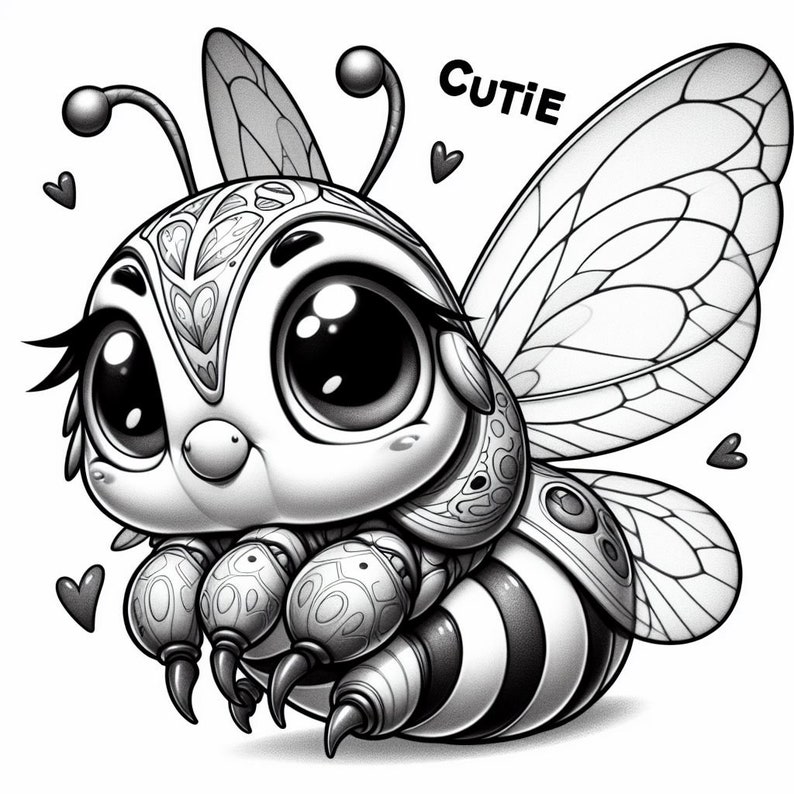 May include: A black and white illustration of a cute cartoon bee with large eyes and wings. The bee has a detailed design on its body and the text "CUTIE" is written above it.