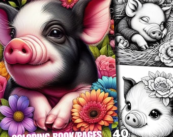 40 imagens florais para colorir porco bebê páginas para colorir animais coloração animal, flores botânicas pequenos desenhos em escala de cinza para adultos e crianças
