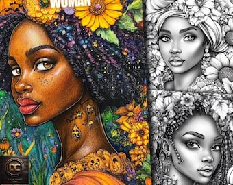 65 páginas para colorir de mulheres negras de Halloween, livro de colorir de belezas negras de Halloween, mulheres afro-americanas, meninas em tons de cinza, adultos, crianças, Pdf
