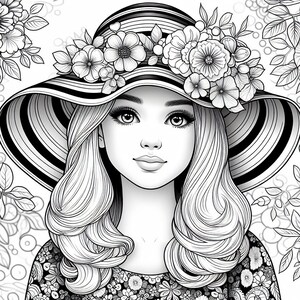 May include: Black and white illustration of a woman wearing a wide-brimmed hat with black and white stripes. The hat is adorned with floral embellishments. The woman has long, wavy hair and a floral patterned top.