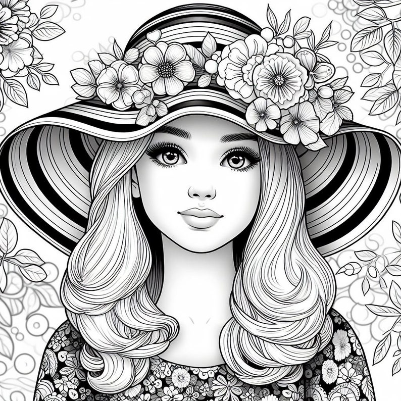 May include: Black and white illustration of a woman wearing a wide-brimmed hat with black and white stripes. The hat is adorned with floral embellishments. The woman has long, wavy hair and a floral patterned top.