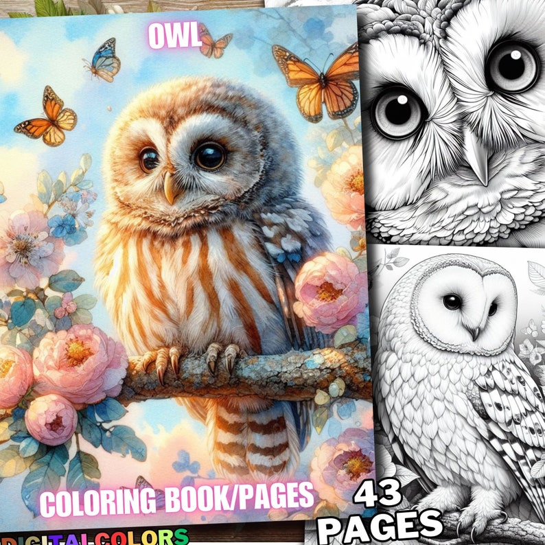 May include: A coloring book with 43 pages featuring an owl with pink flowers and butterflies. The title of the book is "OWL COLORING BOOK/PAGES".