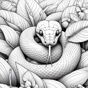 May include: A detailed black and white illustration of a snake coiled among leaves and flowers. The snake's head is in the center, with its forked tongue extended. The scales and foliage are intricately drawn, creating a textured effect.