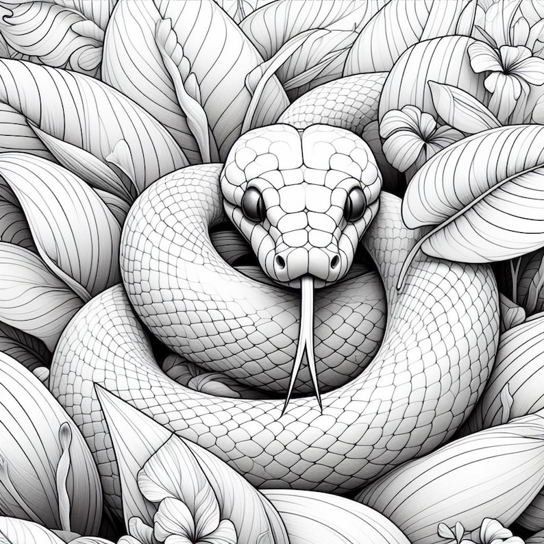 May include: A detailed black and white illustration of a snake coiled among leaves and flowers. The snake's head is in the center, with its forked tongue extended. The scales and foliage are intricately drawn, creating a textured effect.