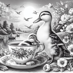 May include: Black and white illustration of a duck and duckling. The duckling sits in a teacup on a saucer. The teacup and saucer have floral designs. The adult duck stands beside the teacup. Birds fly in the background over a lake.