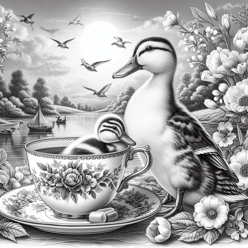 May include: Black and white illustration of a duck and duckling. The duckling sits in a teacup on a saucer. The teacup and saucer have floral designs. The adult duck stands beside the teacup. Birds fly in the background over a lake.