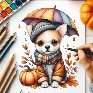 May include: A cute cartoon chihuahua wearing a brown jacket, a plaid scarf, and a gray beanie hat. The chihuahua is holding an umbrella with orange, yellow, and purple stripes. The chihuahua is standing in front of a pumpkin and some fall leaves.
