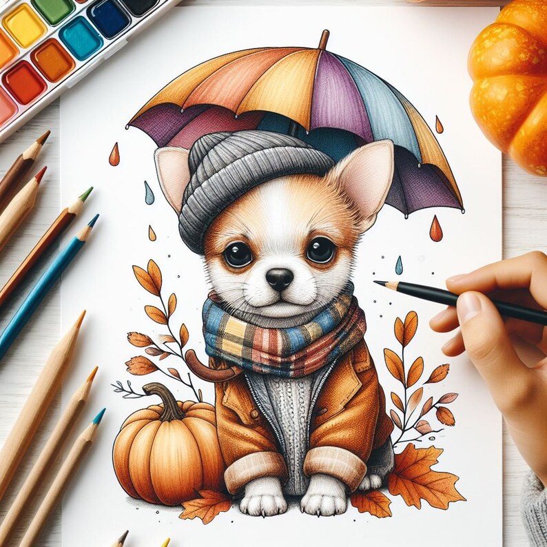 May include: A cute cartoon chihuahua wearing a brown jacket, a plaid scarf, and a gray beanie hat. The chihuahua is holding an umbrella with orange, yellow, and purple stripes. The chihuahua is standing in front of a pumpkin and some fall leaves.