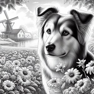 May include: A black and white illustration of a dog with a soft, fluffy coat. The dog is looking directly at the viewer with a gentle expression. The dog is surrounded by a field of flowers.