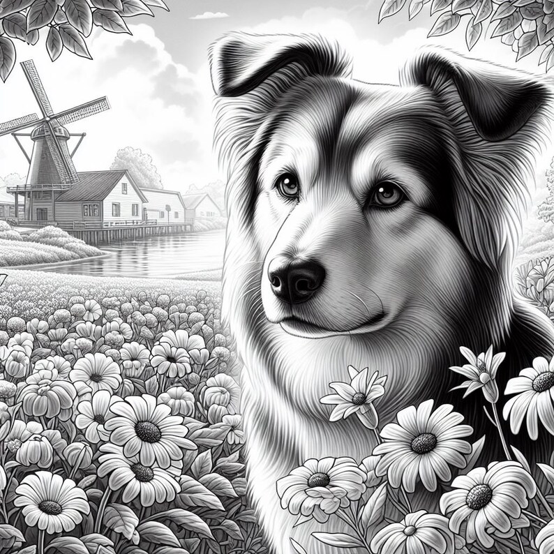 May include: A black and white illustration of a dog with a soft, fluffy coat. The dog is looking directly at the viewer with a gentle expression. The dog is surrounded by a field of flowers.