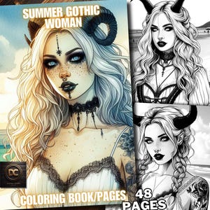 May include: A black and white coloring book featuring a gothic woman with horns and a white dress. The title of the book is "Summer Gothic Woman" and it has 48 pages.