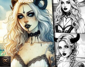 48 Summer Gothic Woman Coloring Pages, Women Coloring Book, Horror Terror creepy Fantasy Grayscale Coloring for Adults & Kids Printable Pdf