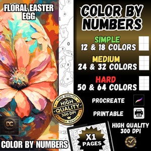 Puede incluir: Kit de pintura por números con un diseño de huevo de Pascua floral. El kit incluye una página y está disponible en tres niveles de dificultad: simple, medio y difícil. El kit es imprimible y compatible con Procreate.