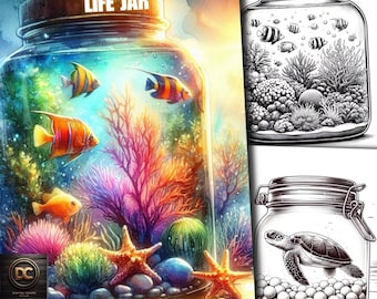 60 Underwater Life Jar Coloring Pages, Ocean Jar Coloring Book, Ocean Coloring Grayscale Fantasy for Adults and Kids Download Printable Pdf