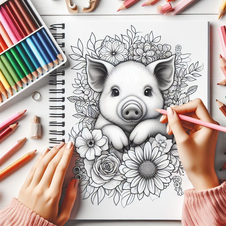 May include: A black and white illustration of a piglet surrounded by flowers. The piglet is looking at the viewer with its head resting on its paws. The flowers are drawn in a detailed and realistic style.