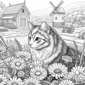 May include: A black and white illustration of a cat sitting in a field of daisies, with a windmill and a barn in the background.