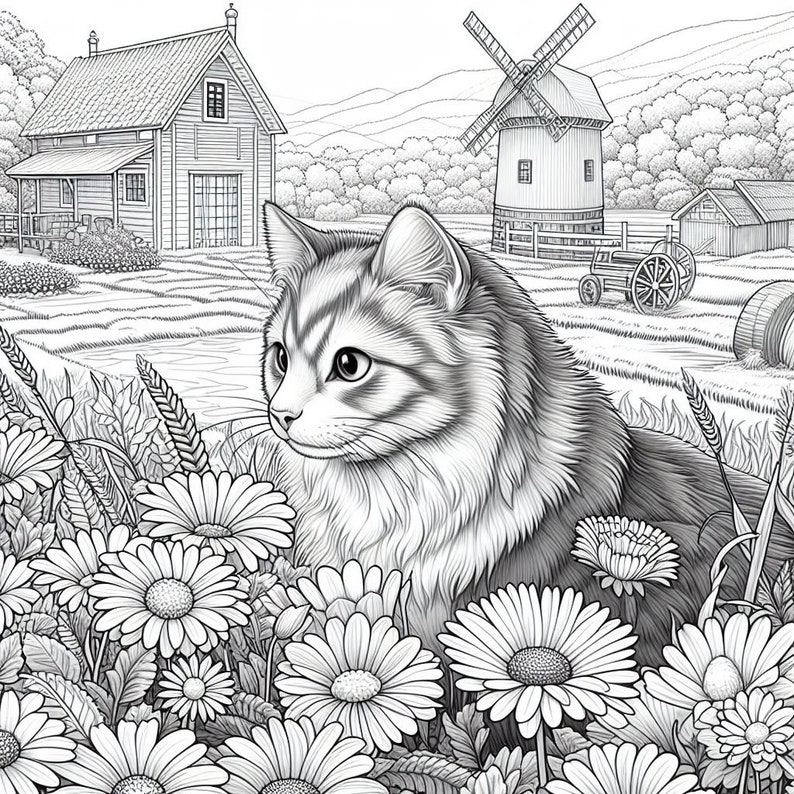 May include: A black and white illustration of a cat sitting in a field of daisies, with a windmill and a barn in the background.
