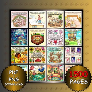 Puede incluir: Una colección de libros para colorear coloridos con varios temas, incluyendo escenas de invierno acogedoras, casas de hadas y diseños de primavera. Los libros presentan títulos como "Cozy Girl Valentine" y "Plants & Flowers". La imagen también incluye el texto "PDF + PNG DOWNLOAD" y "1500 PAGES."