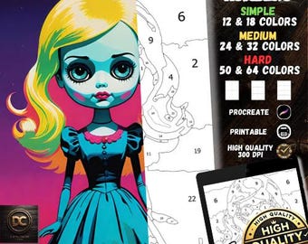 Coloring by numbers, digital coloring pages, paint by numbers, Procreate coloring book, adult coloring book, Creepy Doll Printable Coloring