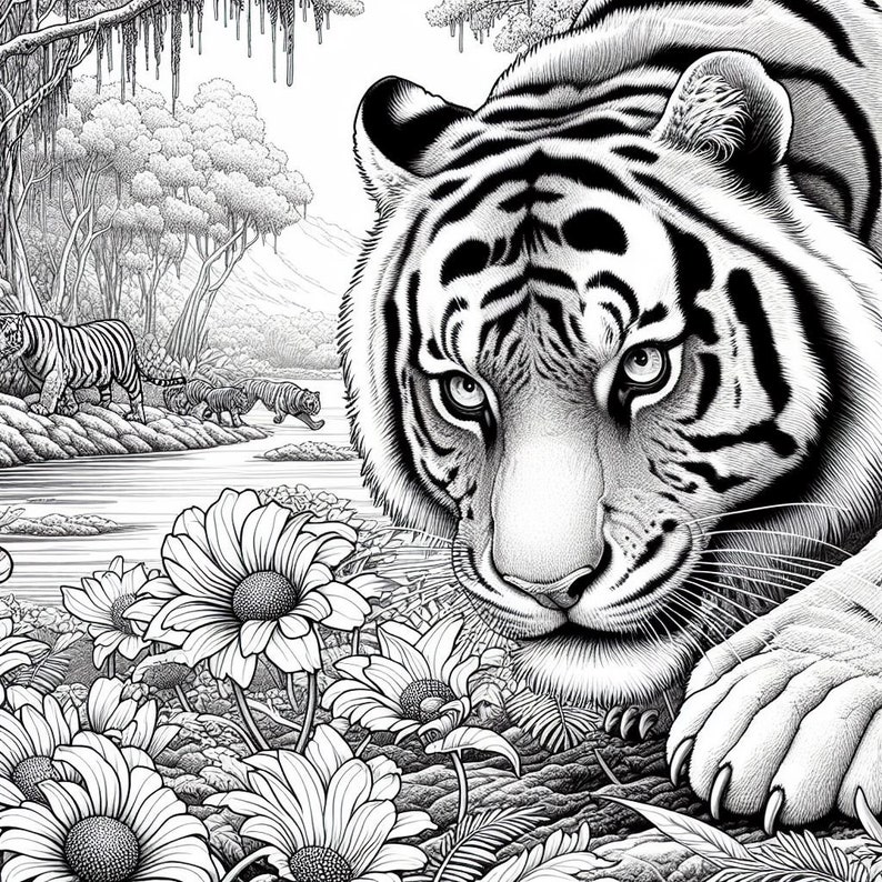 Puede incluir: Una ilustraci&oacute;n en blanco y negro de un tigre en un entorno de selva. El tigre est&aacute; mirando directamente al espectador con una expresi&oacute;n seria. El tigre est&aacute; rodeado de exuberante vegetaci&oacute;n y flores.